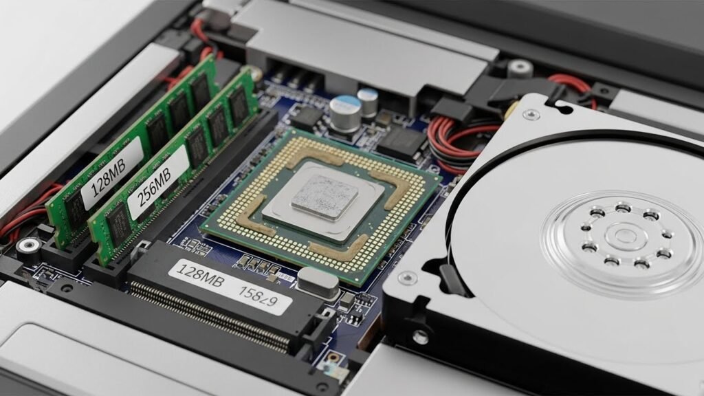 Close-up de componentes internos de um notebook aberto mostrando processador antigo, pouca memória RAM e HD mecânico, com elementos visuais sutis indicando lentidão, como ícones de alerta e engrenagens paradas, estilo realista, iluminação técnica, fundo escuro elegante, alta definição, imagem educativa sobre tecnologia, sem texto, sem marcas