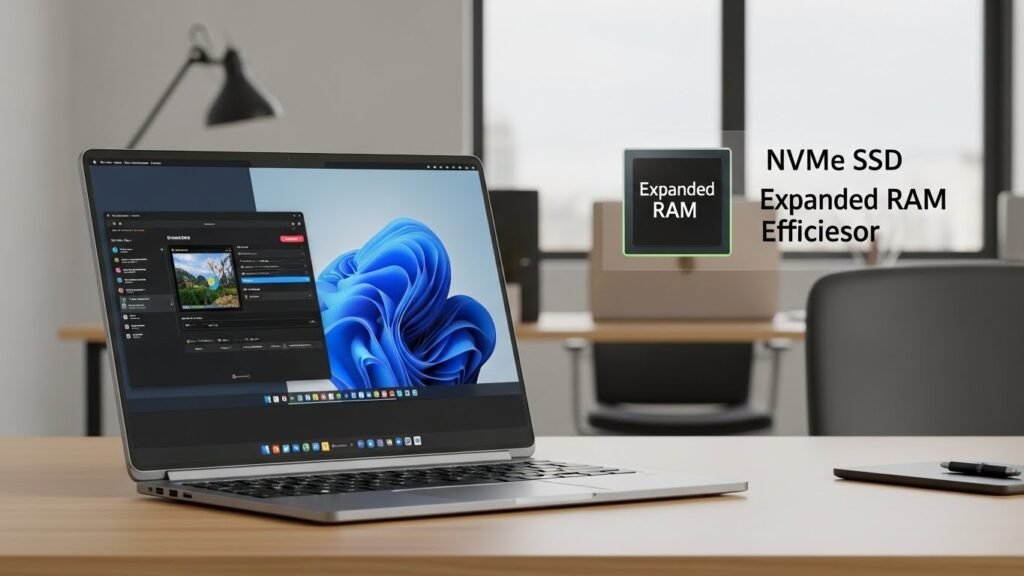Notebook moderno exibindo interface limpa com gráficos de desempenho, SSD NVMe destacado visualmente, memória RAM ampliada e processador eficiente, ambiente de escritório moderno, cores neutras, estilo realista, fotografia profissional, foco em performance e produtividade, sem textos escritos na imagem