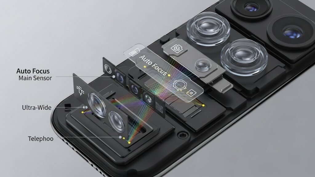 Close-up de módulo de câmera de smartphone com representação visual de tecnologia de autofoco, sensores e lentes em destaque, efeito de corte técnico (cutaway), estilo infográfico realista, iluminação suave, fundo neutro, sem texto, sem marcas, aparência tecnológica premium