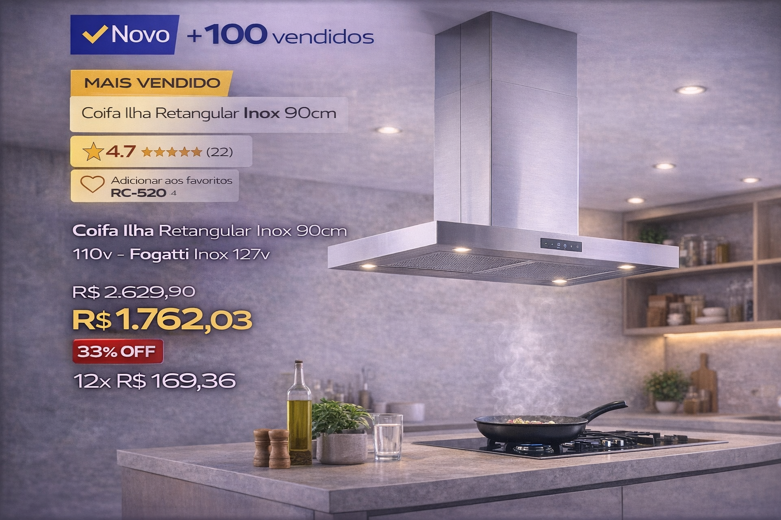 Descubra a Coifa Ilha Retangular Inox 90cm Fogatti