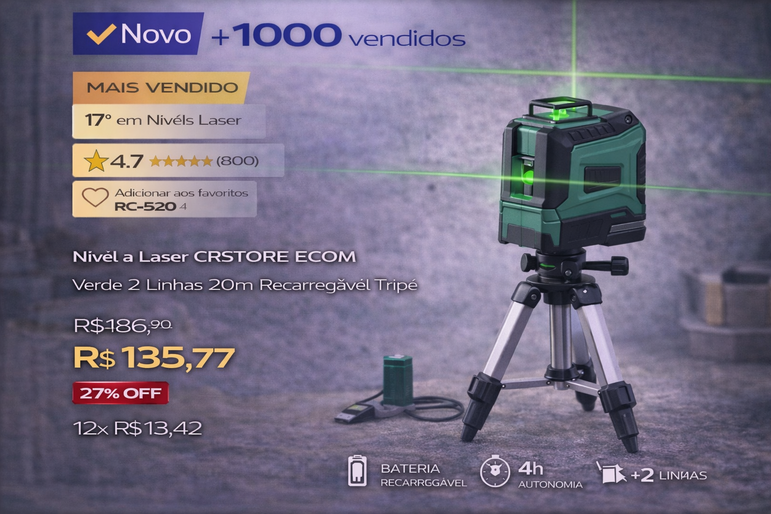 Nível a Laser Verde 2 Linhas Recarregável com Tripé